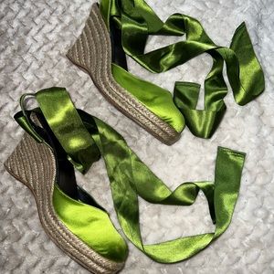 Sonia Rykiel Green Wedge Heels w/ Satin Ribbons
